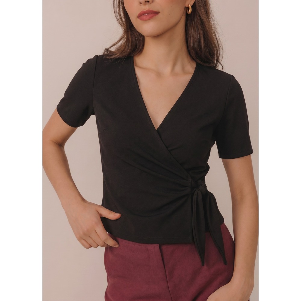 Banana Republic Women's XS Black Stretch Wrap Short Sleeve Blouse Top